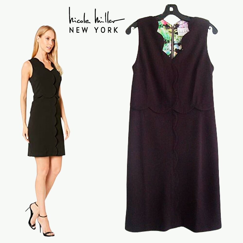 NICOLE MILLER NEW Black Scalloped Sheath Dress V-Neck Sleeveless 6